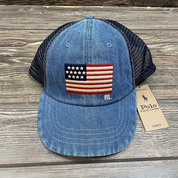 Polo Ralph Lauren Flag Denim Ball Cap Mesh Leather Strap Blue Adjustable NWT - Picture 1 of 10